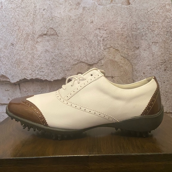 FootJoy Brown Patent Square Toe Gold Shoes NEW - Picture 2 of 6